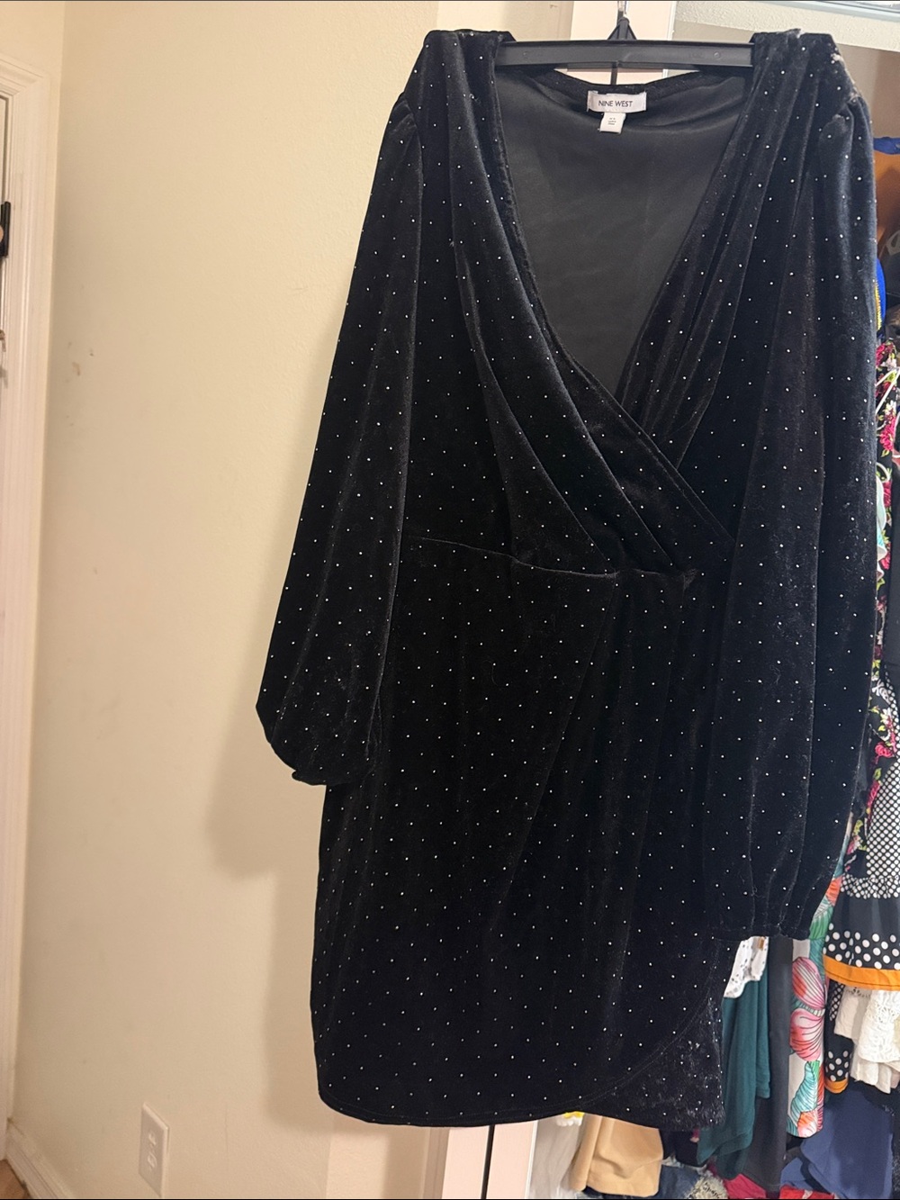 Nine West Black Velvet Mini Dress with Sparkle Dots
